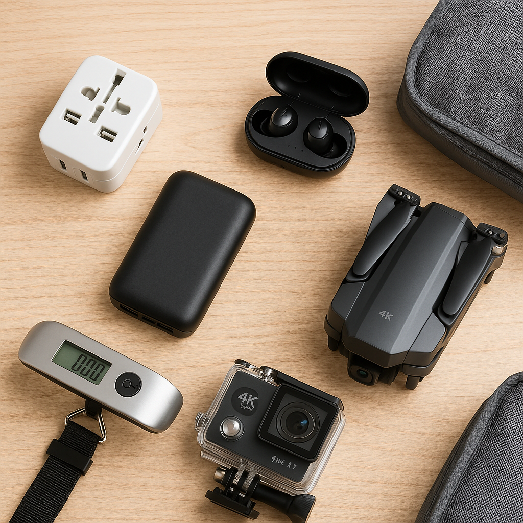 Kit de viagem com gadgets essenciais incluindo adaptador universal, fones bluetooth, power bank, balança digital, câmera de ação e drone dobrável sobre superfície de madeira.