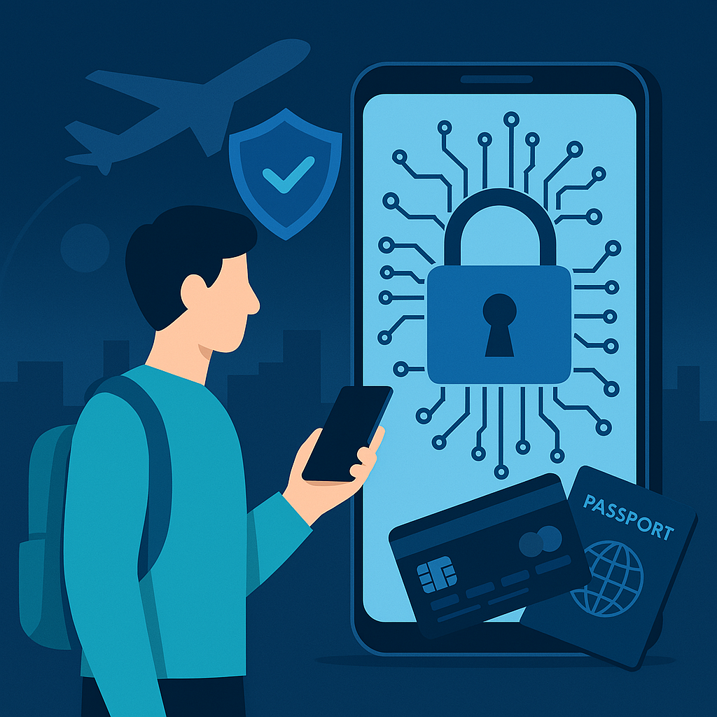ciberseguranca-viajantes-vpn-seguranca.jpg Notebook com VPN ativa mostrando segurança digital em viagem